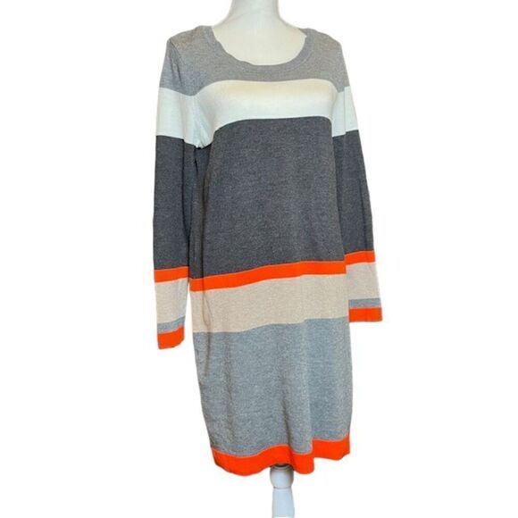 Jessica H Sweater Midi Dress Striped Gray, Khaki, Orange Petite Size L - Picture 1 of 9